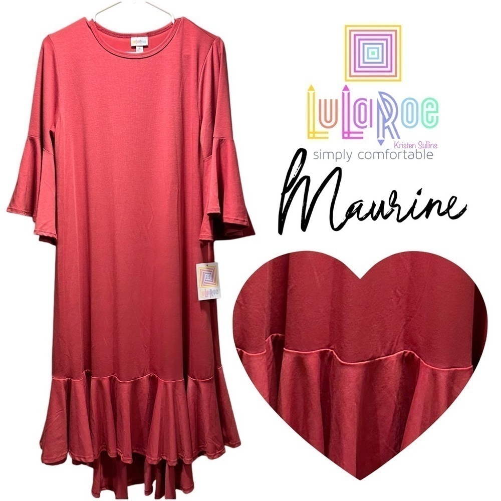 LulaRoe Maurine Dress Long Sleeve 3/4 Bell Sleeve Ruffle Hem Line Red 8-10 M - Picture 4 of 16